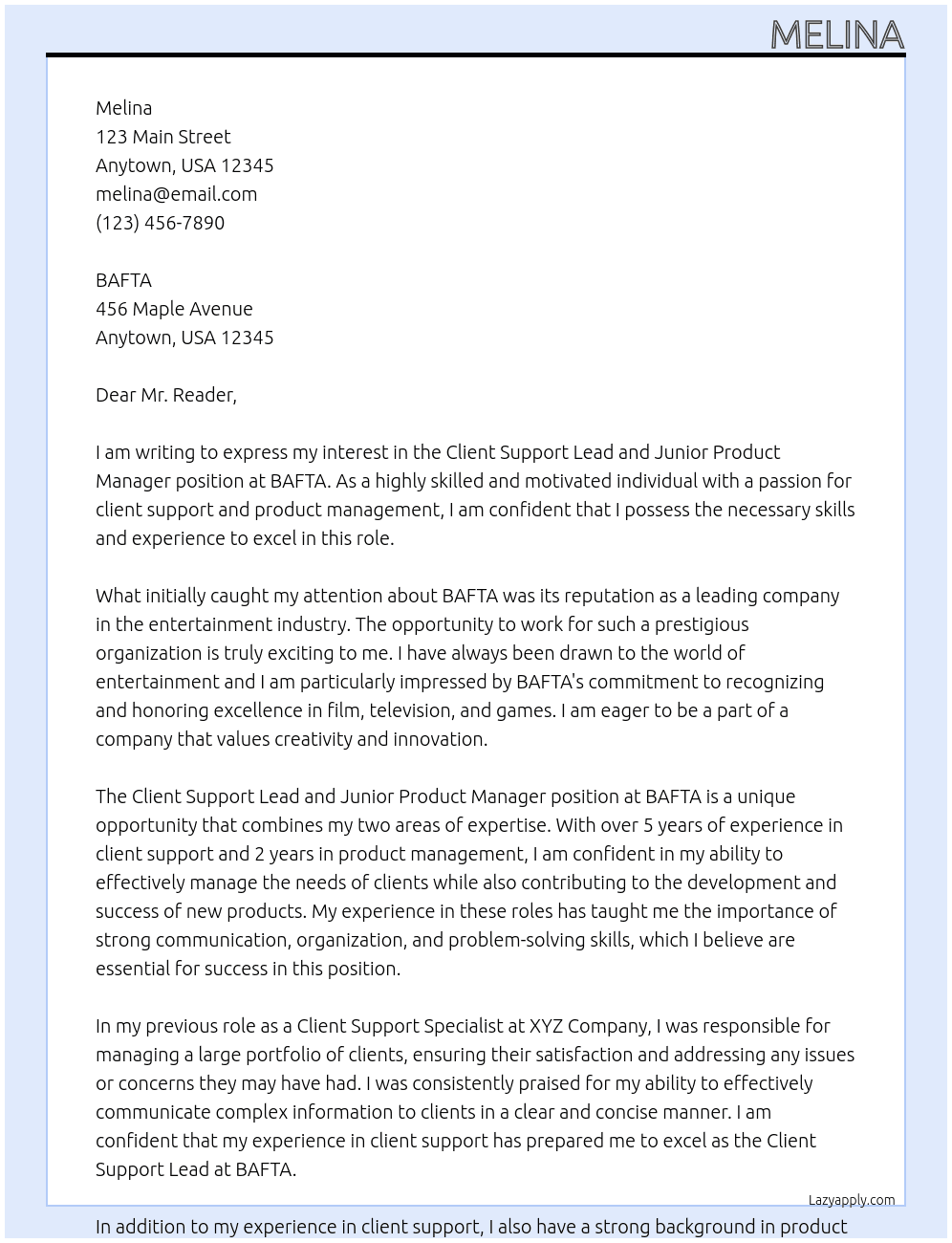 Client support lead and Junior Product Manager At BAFTA Cover Letter