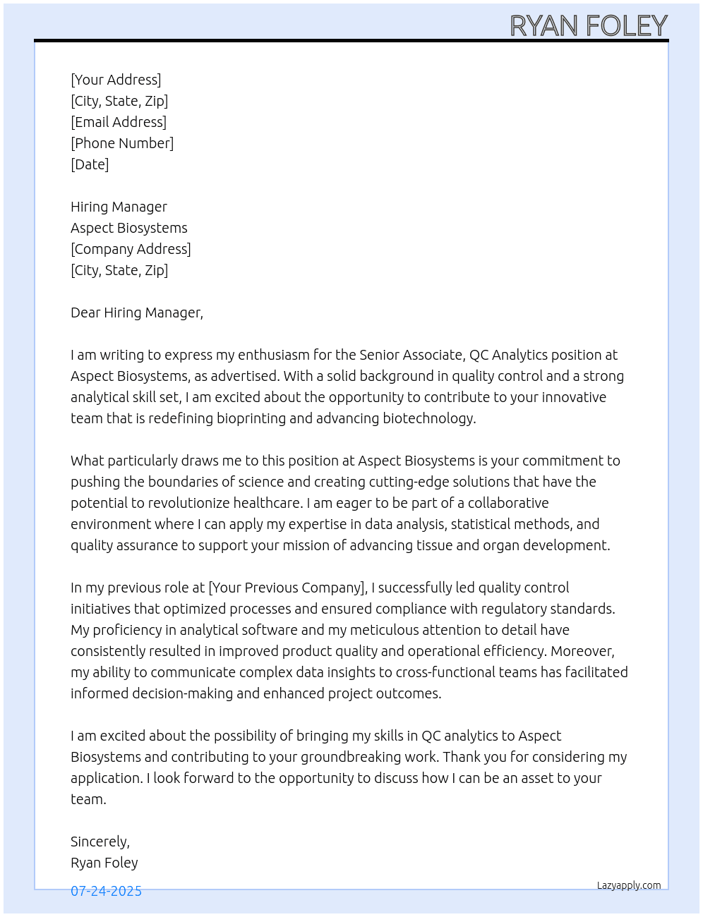 Senior Associate, QC Analytics At Aspect Biosystems Cover Letter