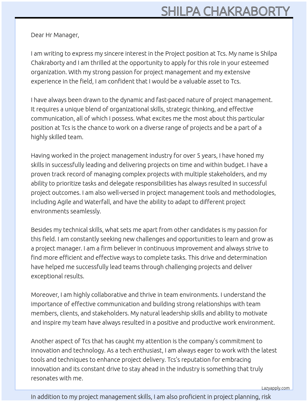 Cover letter for project - LazyApply