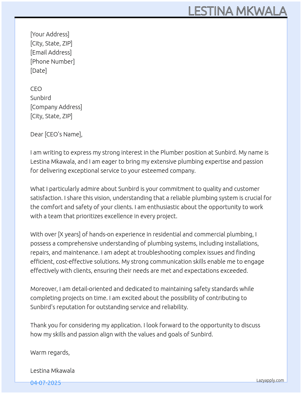 PLUMBER At SUNBIRD  Cover Letter