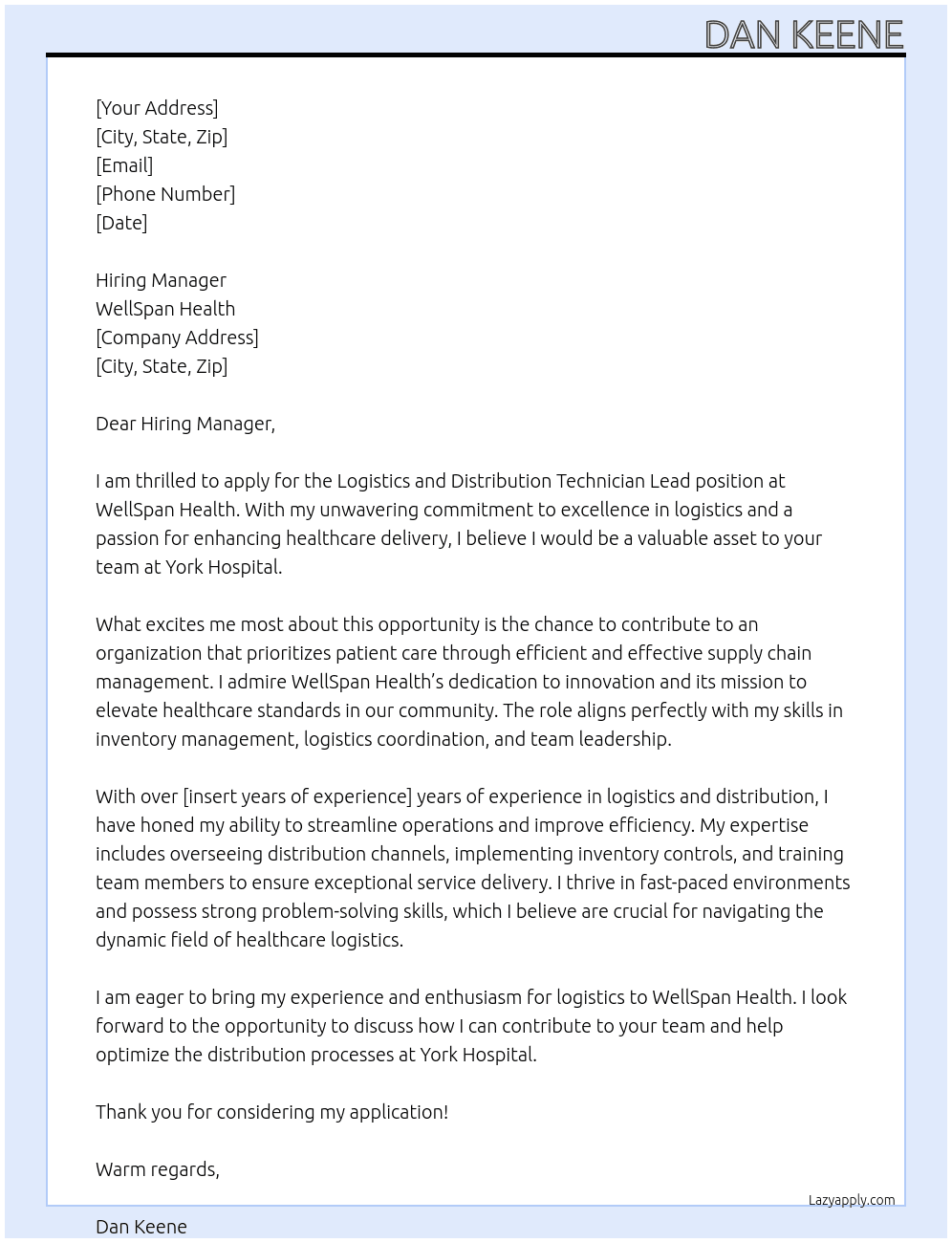 Cover letter for logistics and distribution technician lead- york hospital - LazyApply