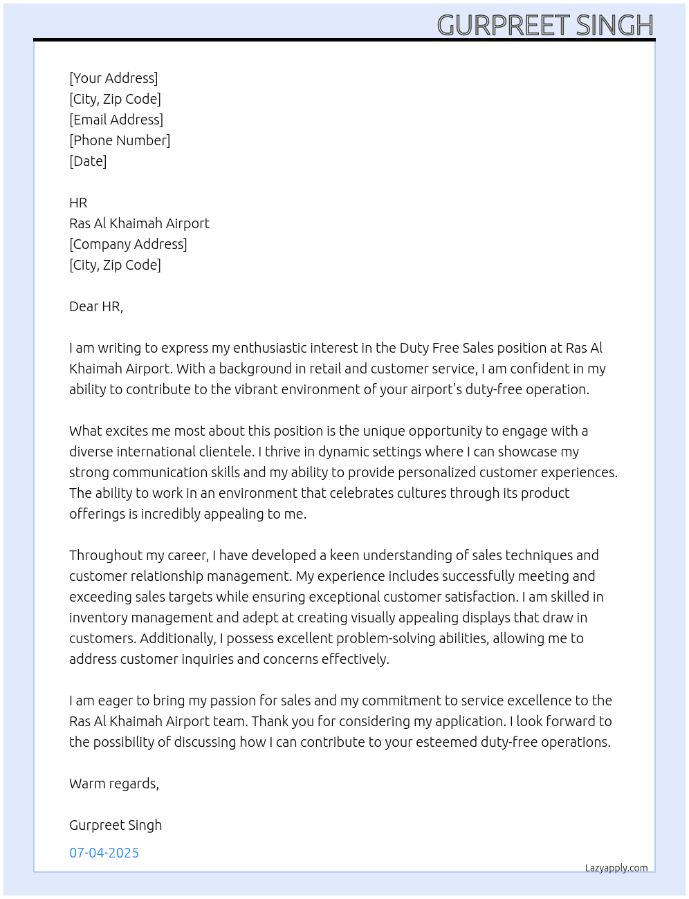 Duty free sales  At Ras Al Khaimah airport  Cover Letter