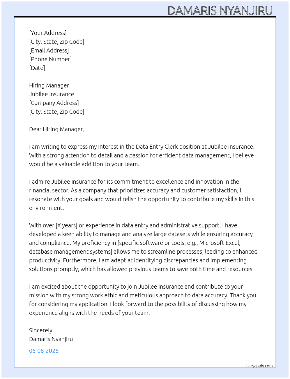 Data entry clerk  At Jubilee Insurance  Cover Letter