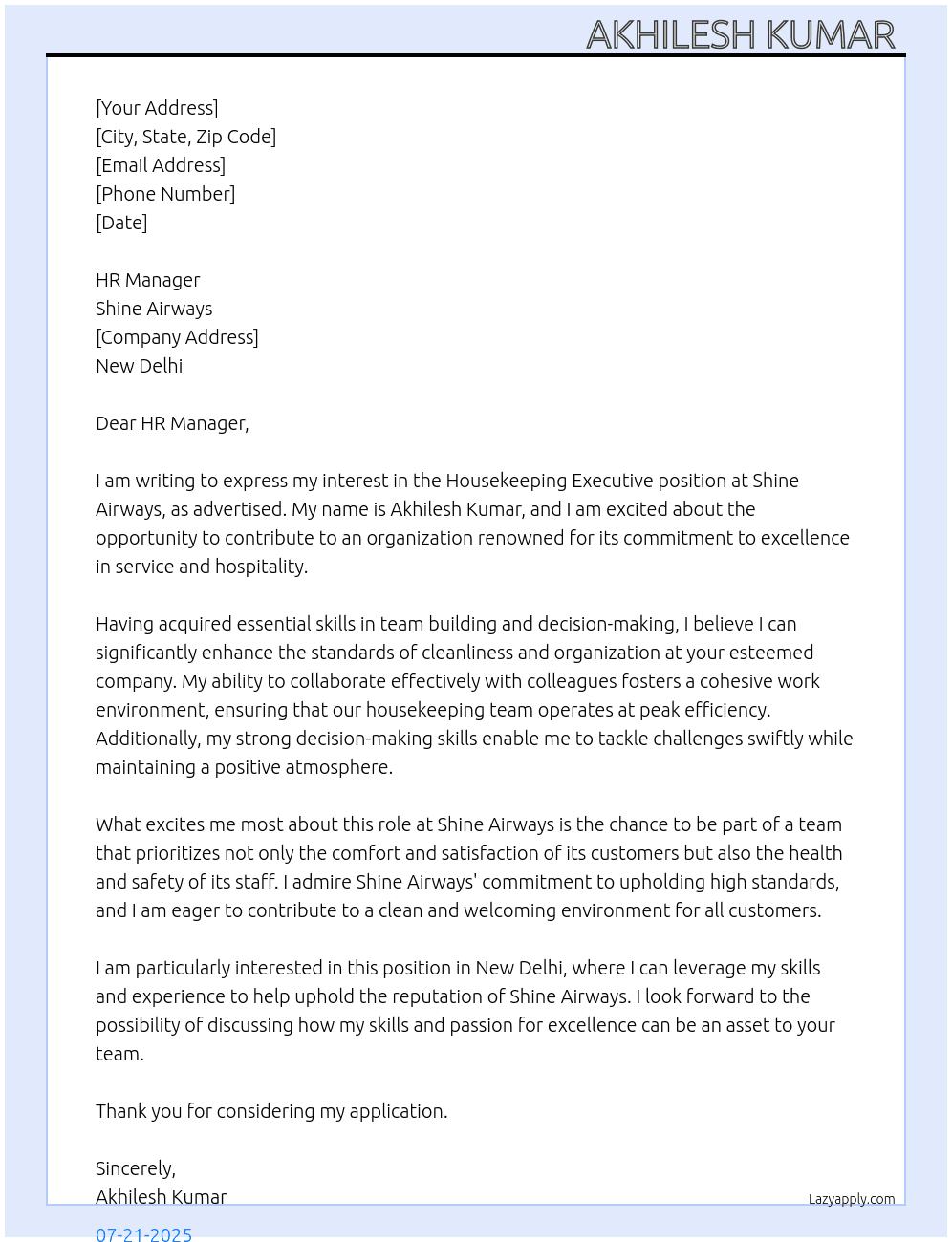 Housekeeping executive  At Shine airways Cover Letter