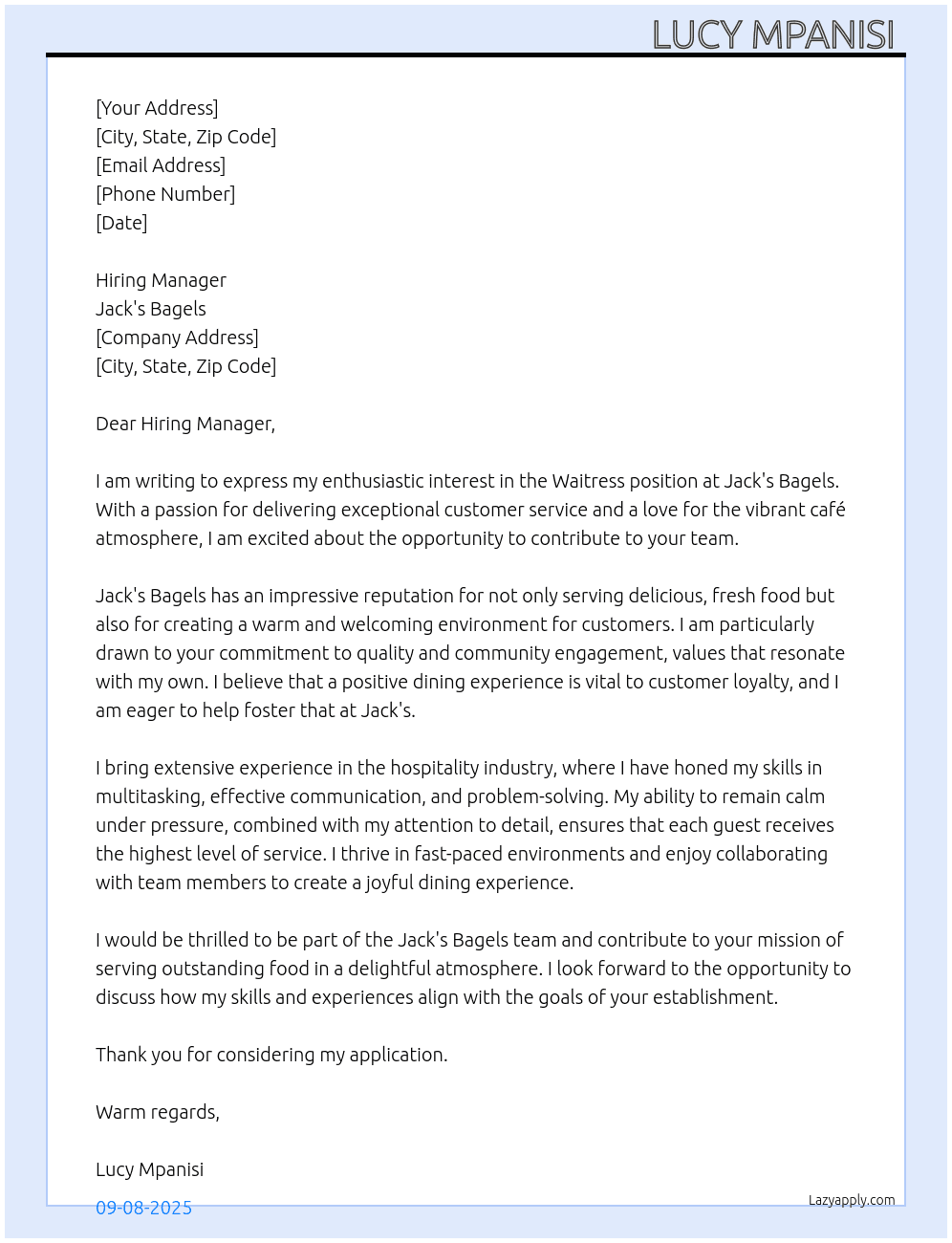 Waitress  At Jack's Bagels  Cover Letter