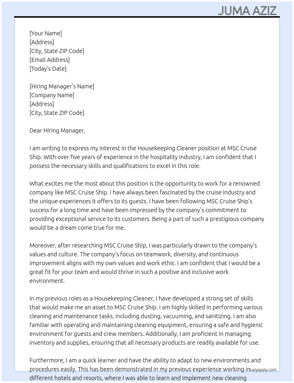 Housekeeping cleaner At MSC cruise Ship  Cover Letter