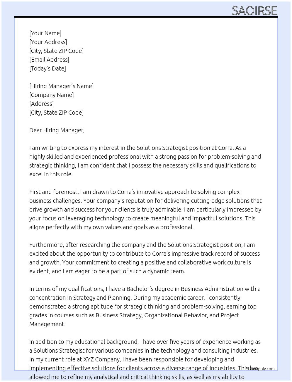 Solutions Strategist At Corra Cover Letter