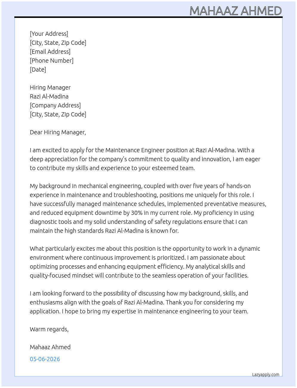 Maintenance Engineer At Razi Al-Madina Cover Letter