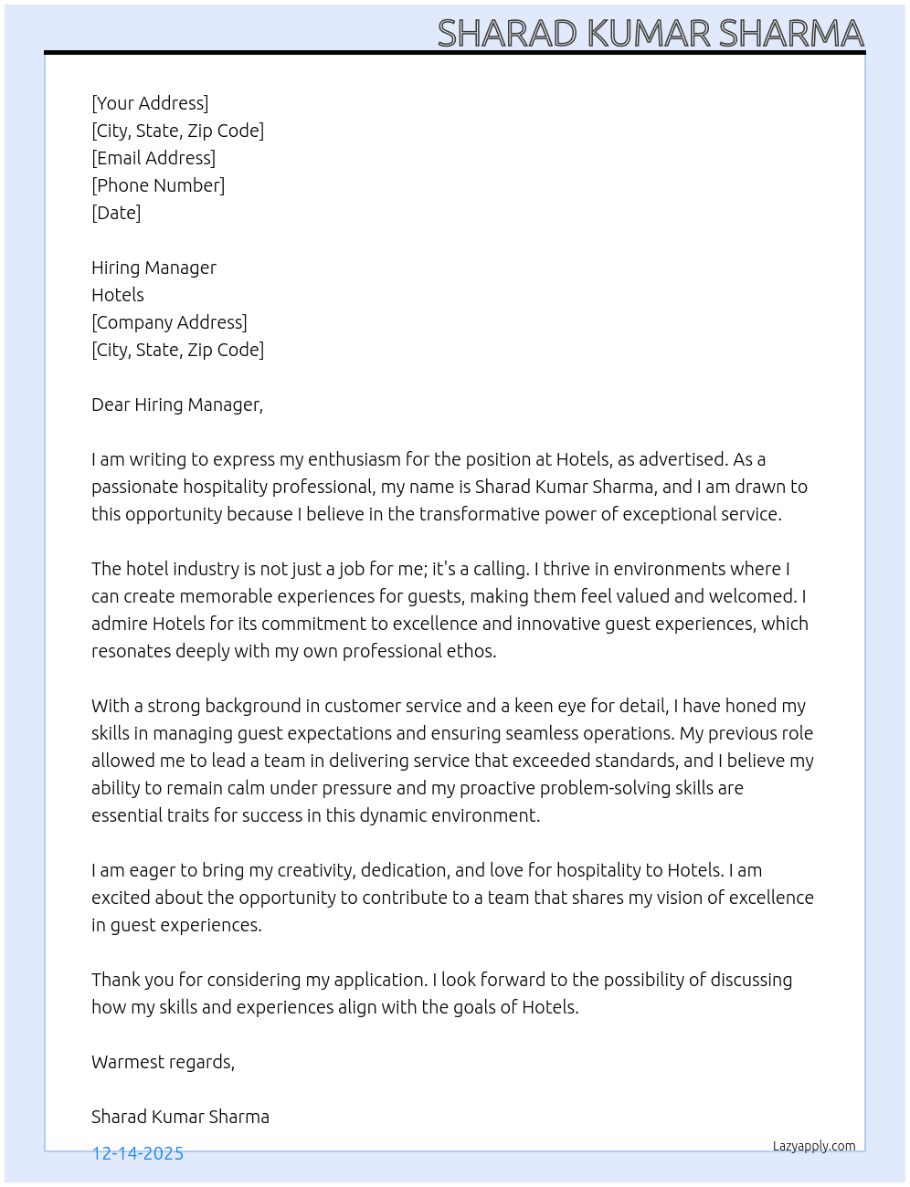 Cover letter for hotel line - LazyApply