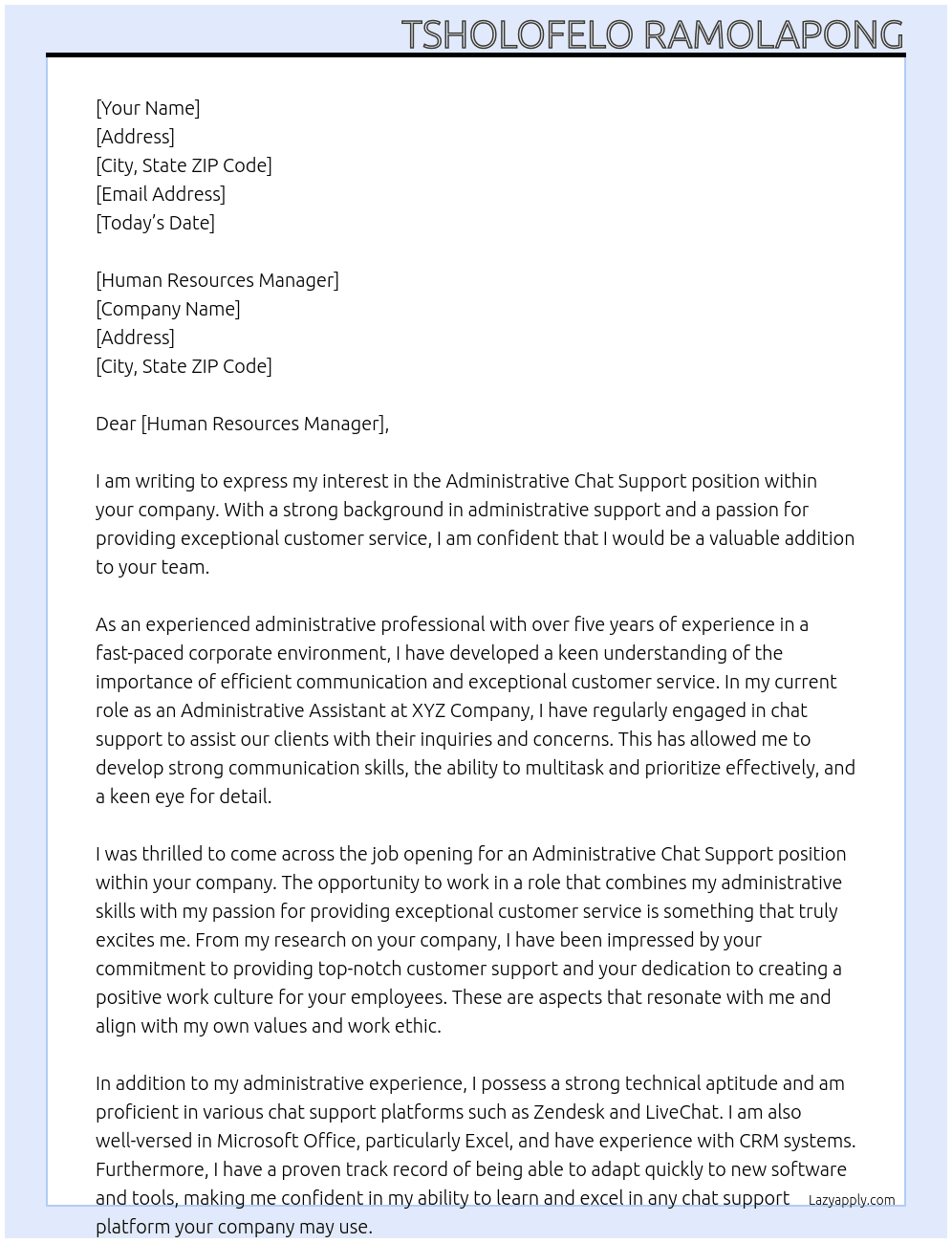 Cover letter for administrative chat support - LazyApply