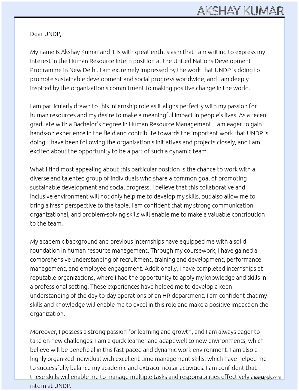 Human Resource Intern At United Nations Development Programme Cover Letter