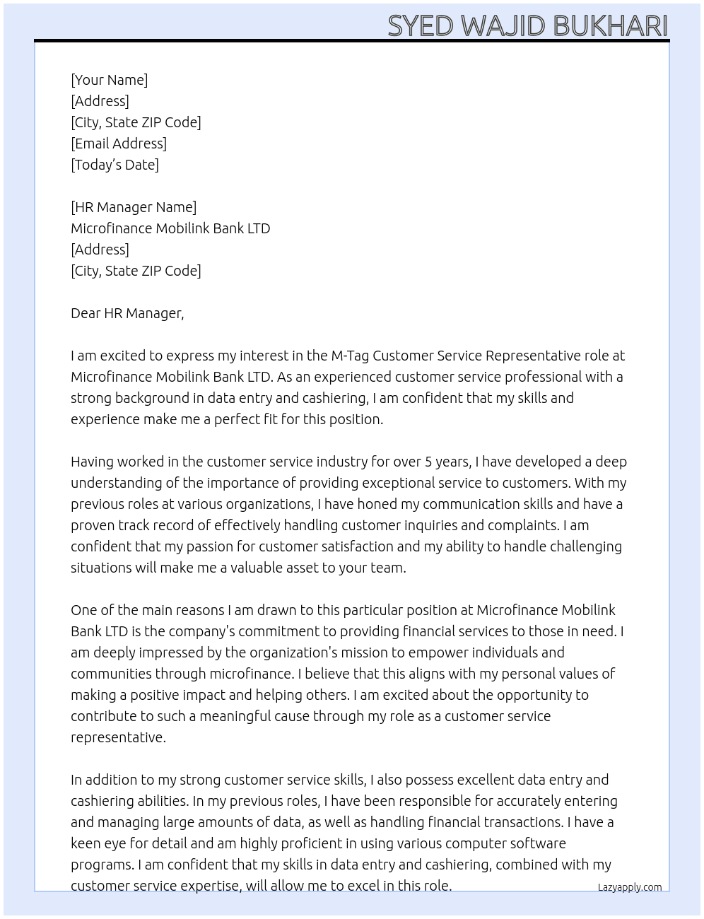 Cover letter for m-tag customer service representatives - LazyApply