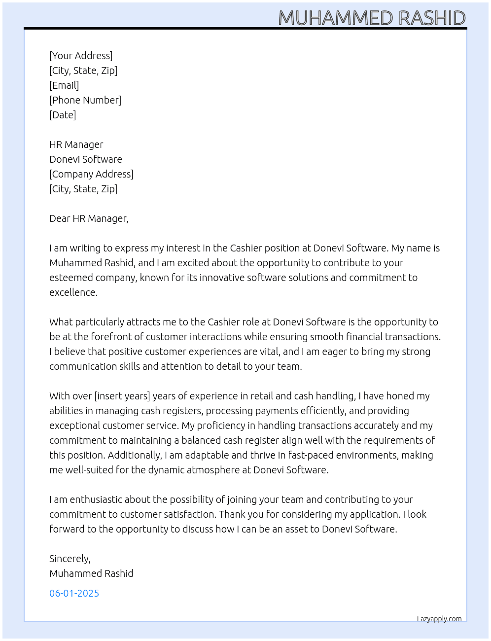 Cashier At Donevi Software Cover Letter