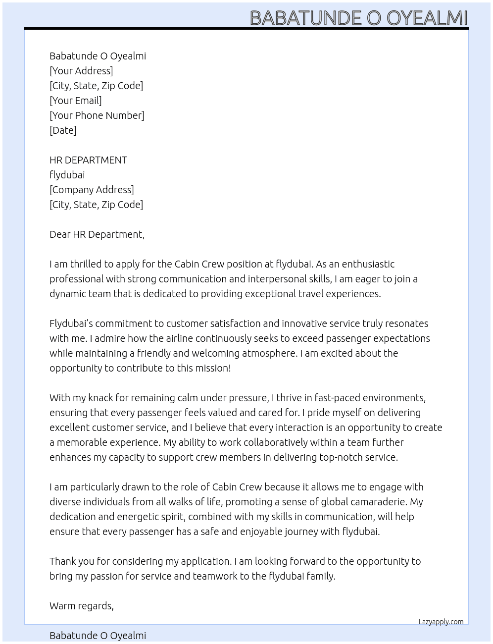 Cabin Crew At flyduba Cover Letter
