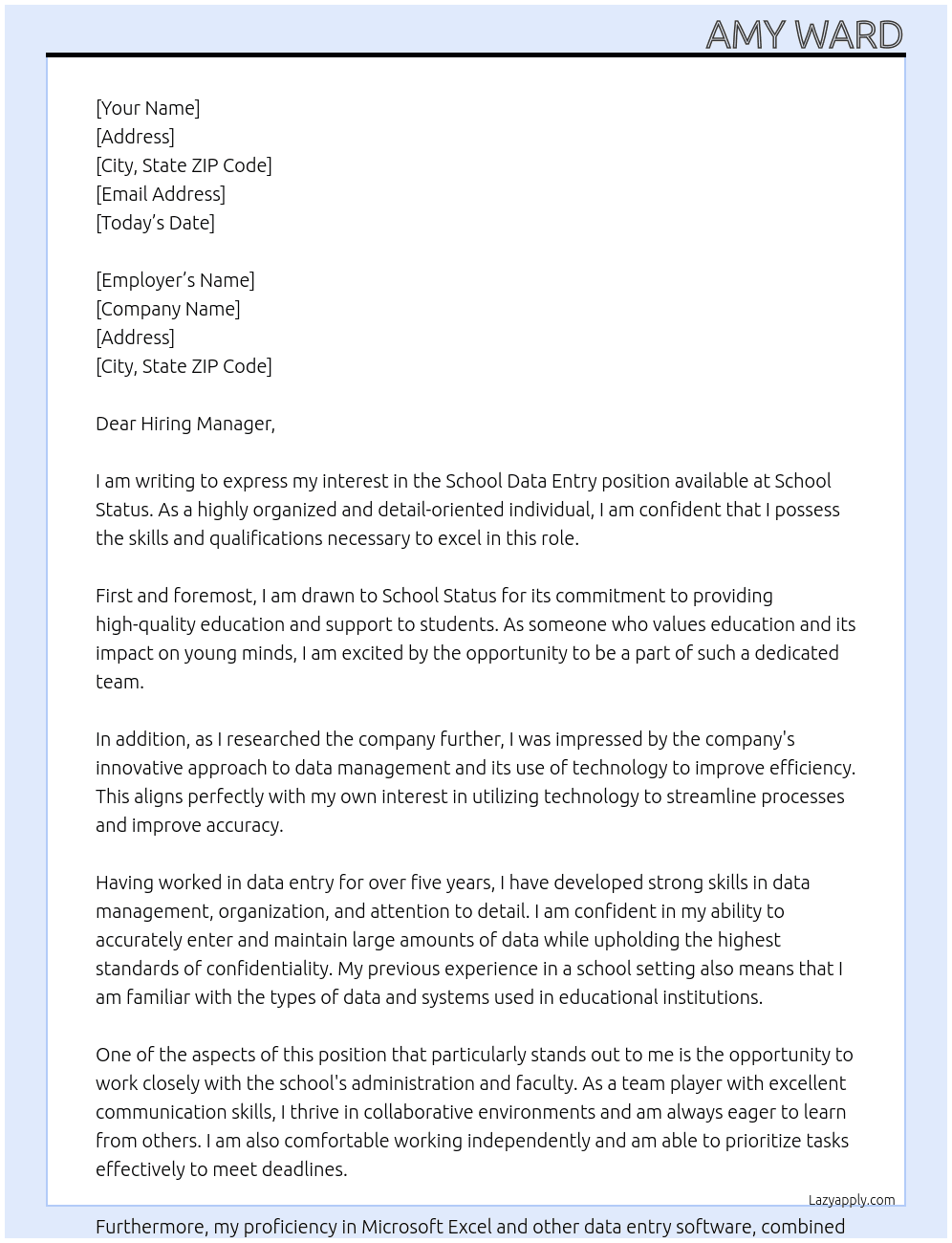 school data entry At School Status Cover Letter