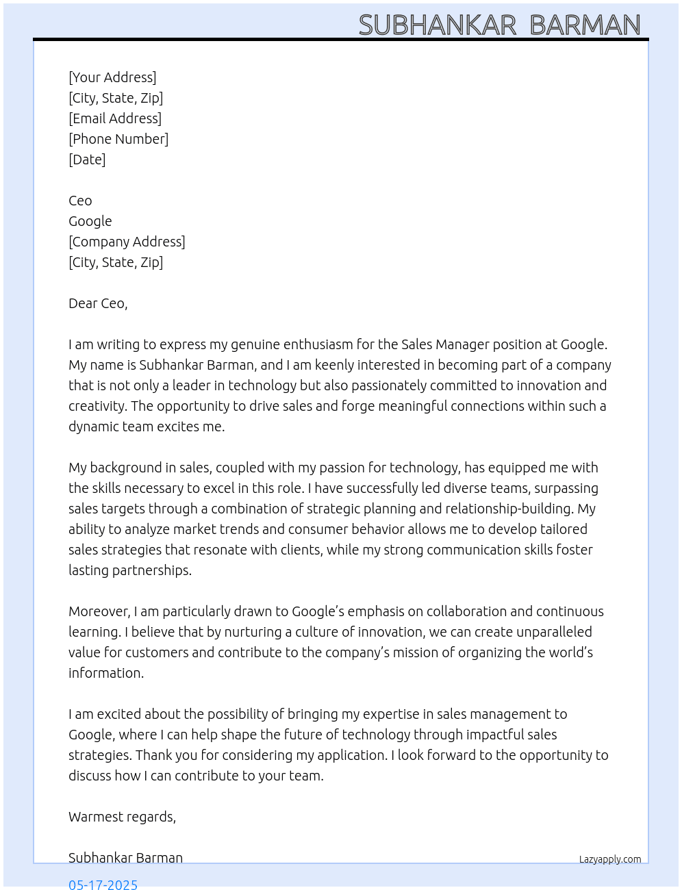 Sales manager  At Google  Cover Letter