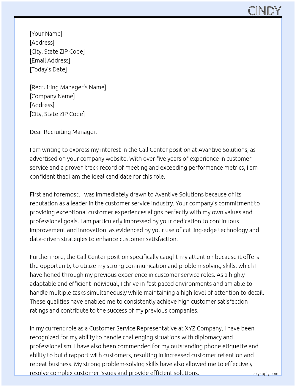 Call center  At Avantive Solutions Cover Letter