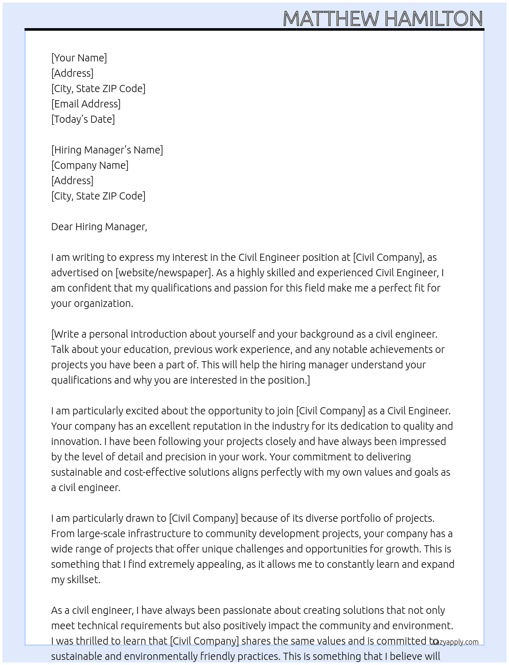 civil engineer At civil company Cover Letter