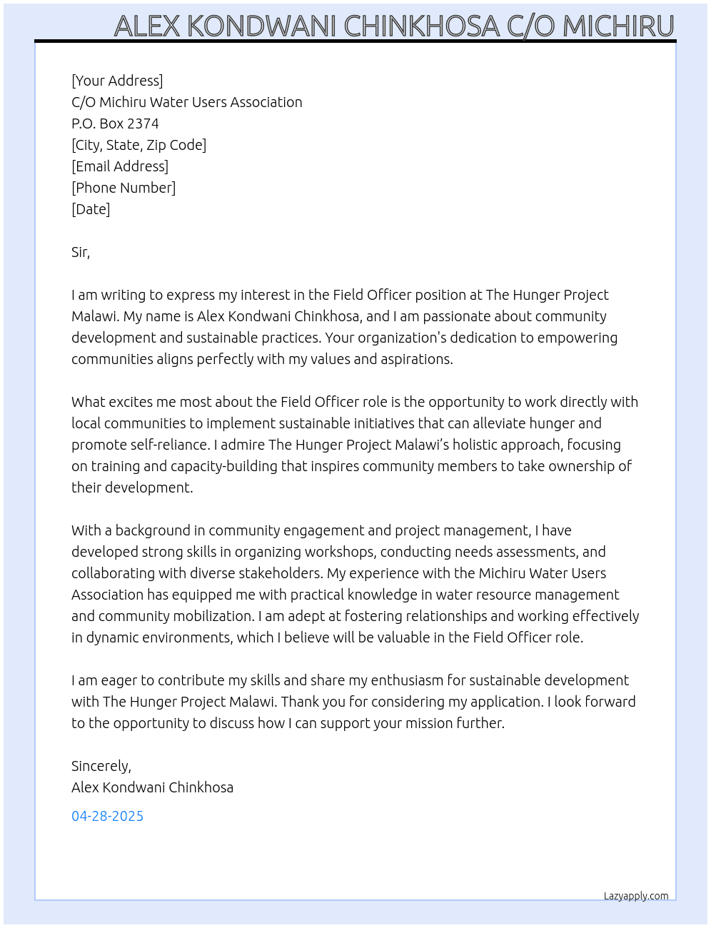 Cover letter for feild officer - LazyApply