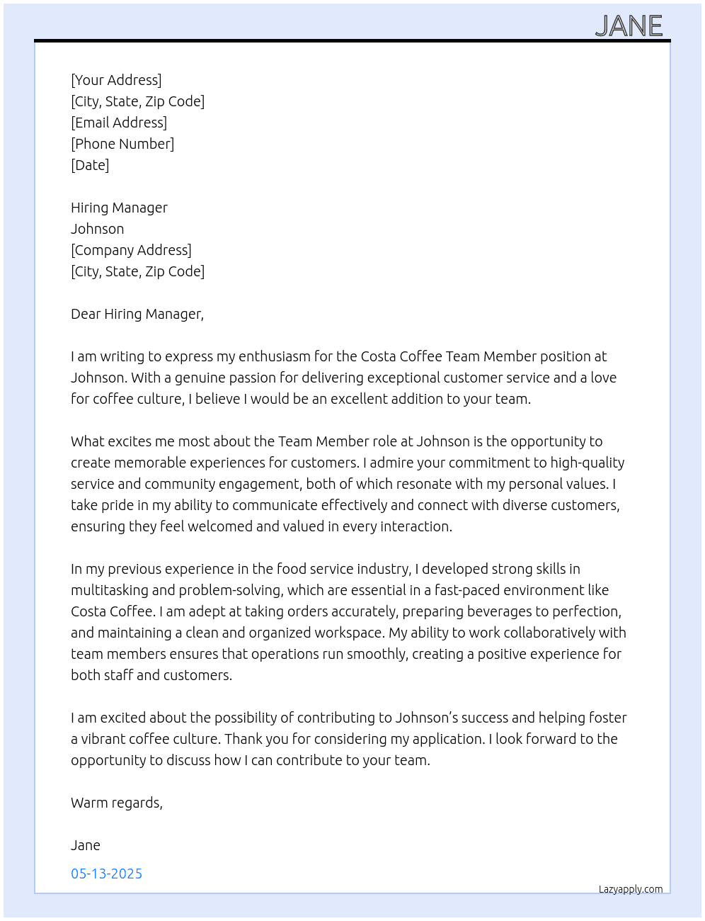 Costa Coffee Team Member At Johnson Cover Letter
