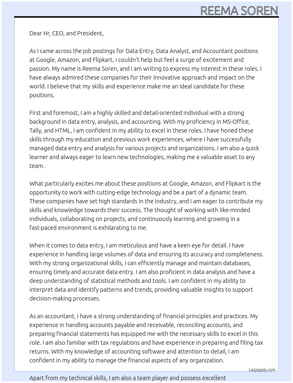 Cover letter for data entry, data analysist, accountant, - LazyApply