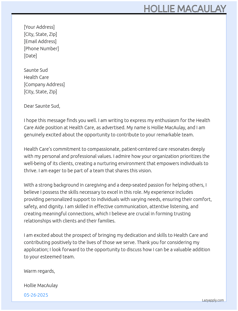 Health Care Aide At Health Care  Cover Letter