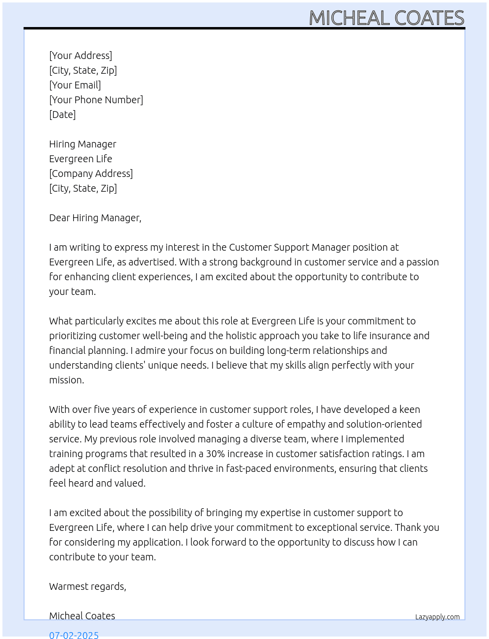 Customer Support Manager At evergreen life  Cover Letter