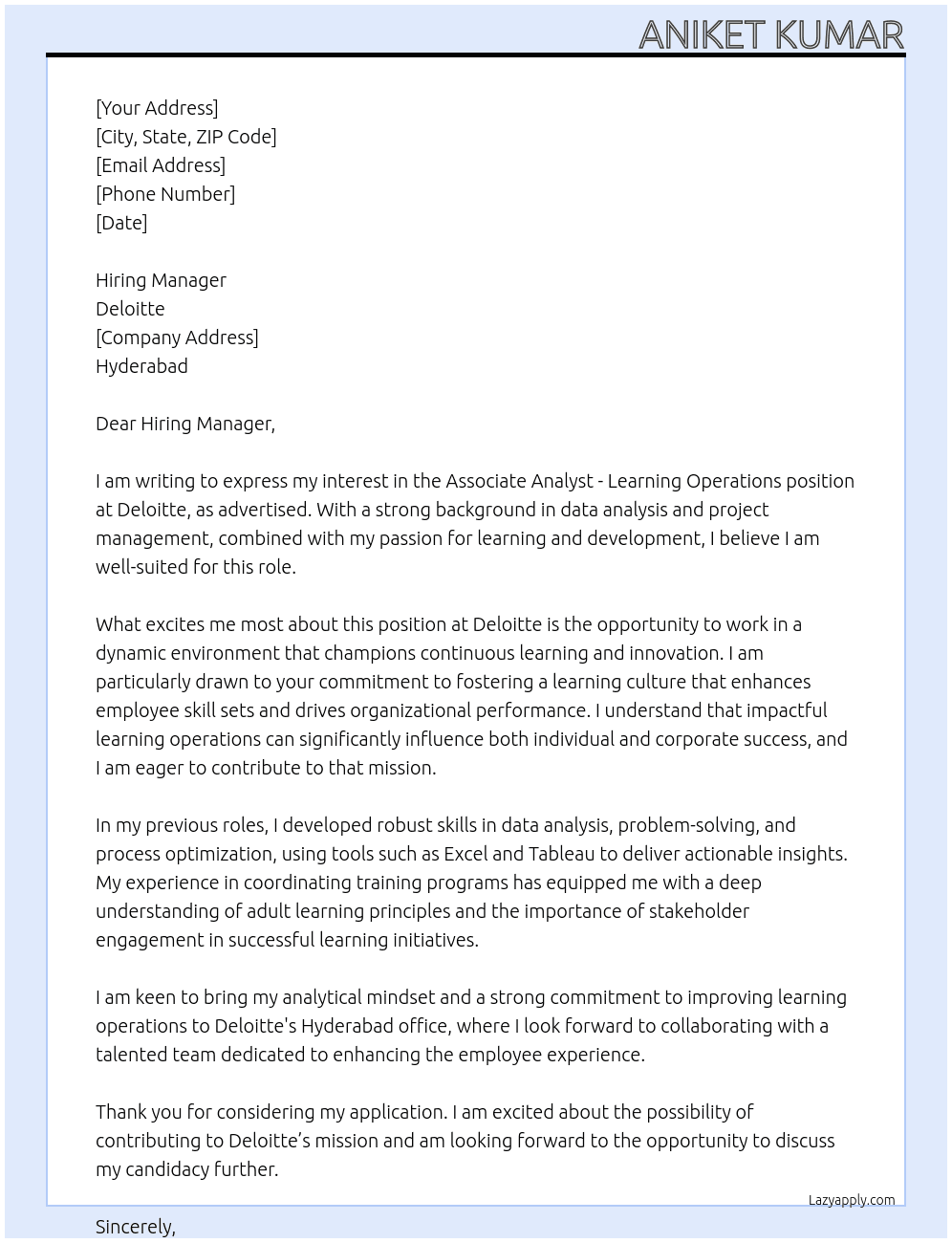 Associate Analyst- Learning Operations At Deloitte Cover Letter