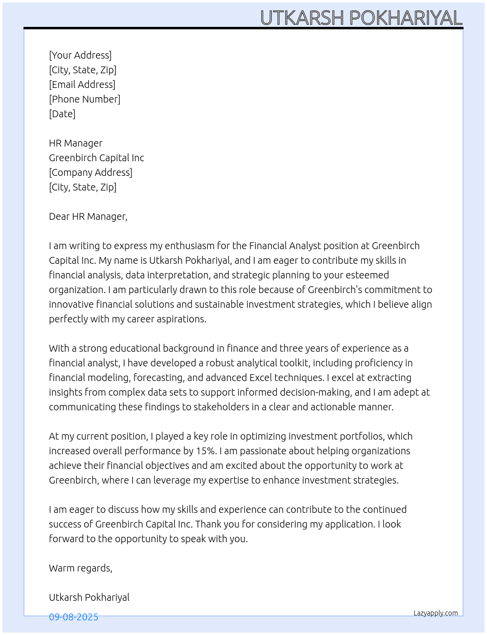 Cover letter for financial aanlyst - LazyApply