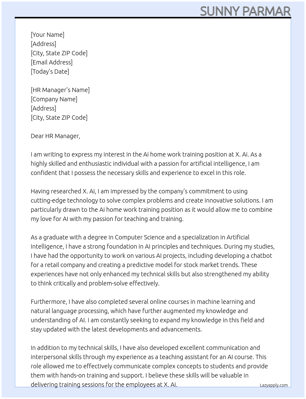 Cover letter for ai home work training - LazyApply