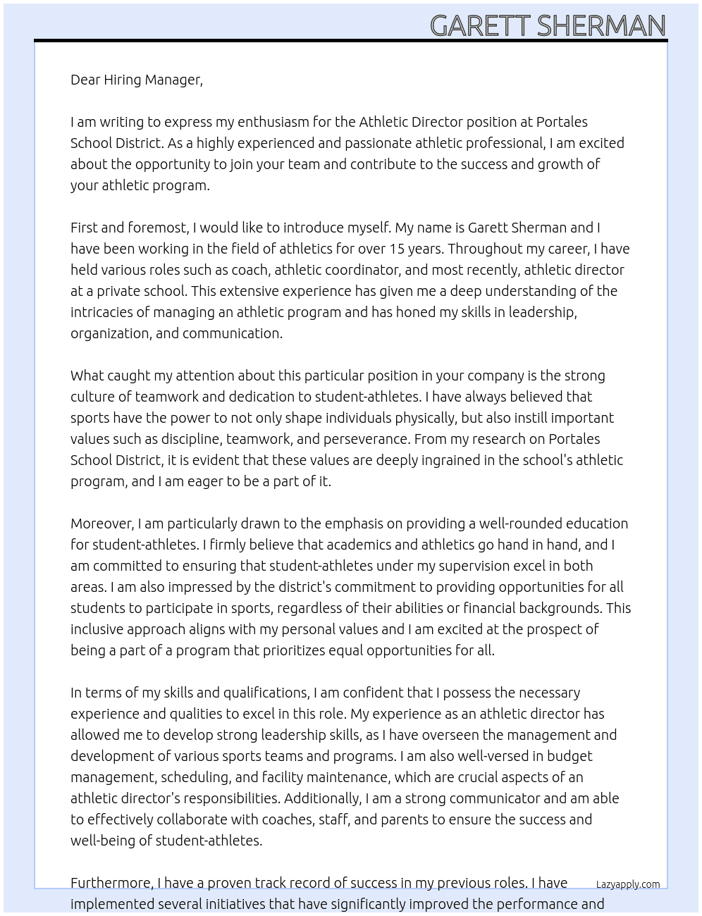 Athletic Director At Portales School District  Cover Letter