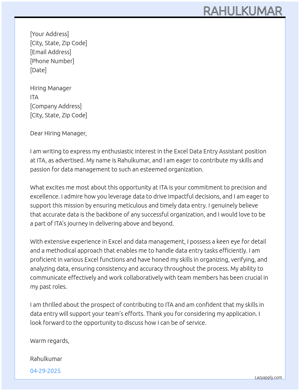 Excel Data Entry Assistance Needed ASAP At ITA  Cover Letter