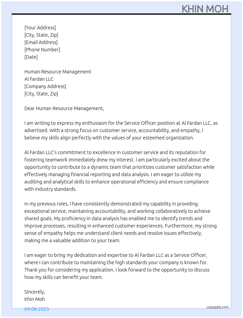 Service officer  At Al Fardan llc Cover Letter