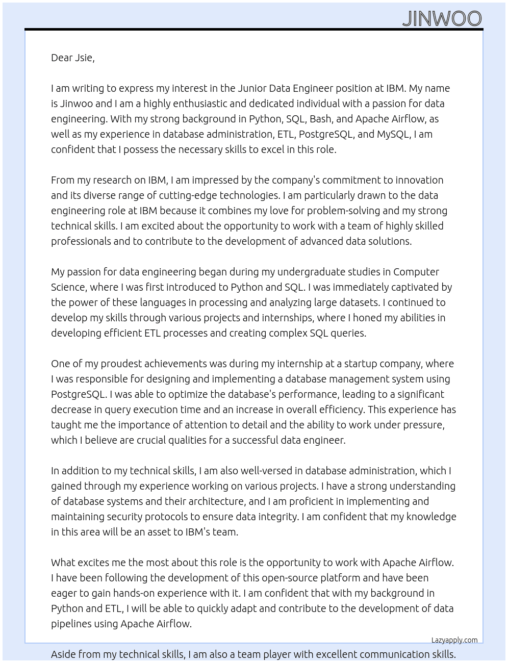 Cover letter for junior data engineer - LazyApply