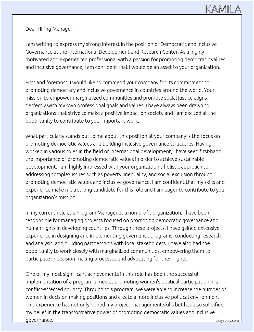 Democratic and Inclusive Governance  At International Development and research center Cover Letter
