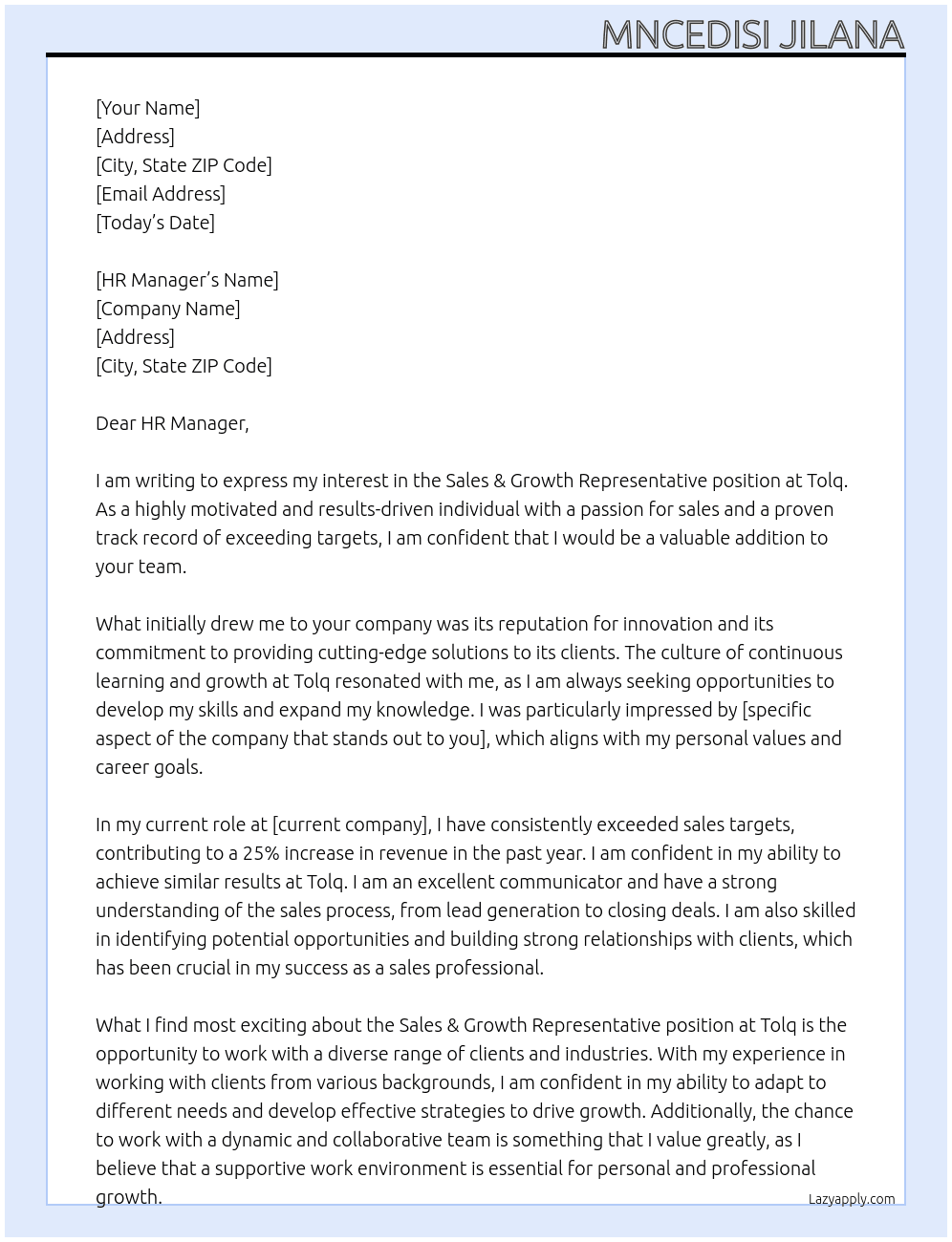 Sales & Growth Representative At Tolq Cover Letter