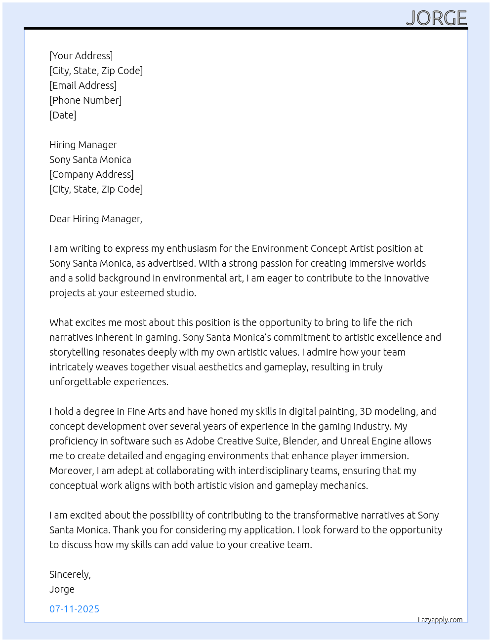 environment concept artist At Sony santa monica Cover Letter