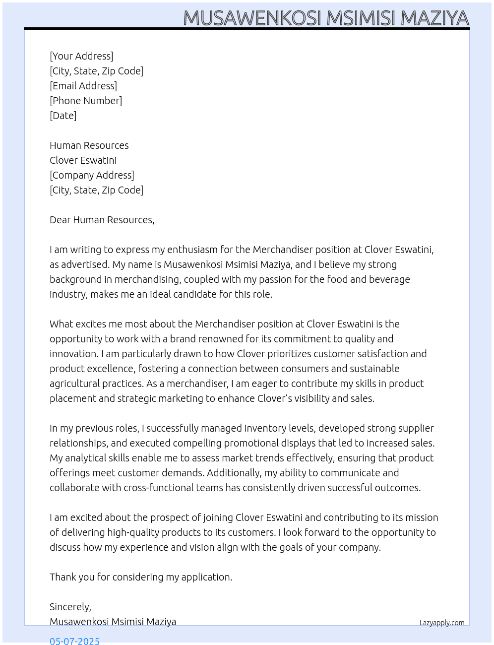 Merchandiser  At Clover Eswatini  Cover Letter