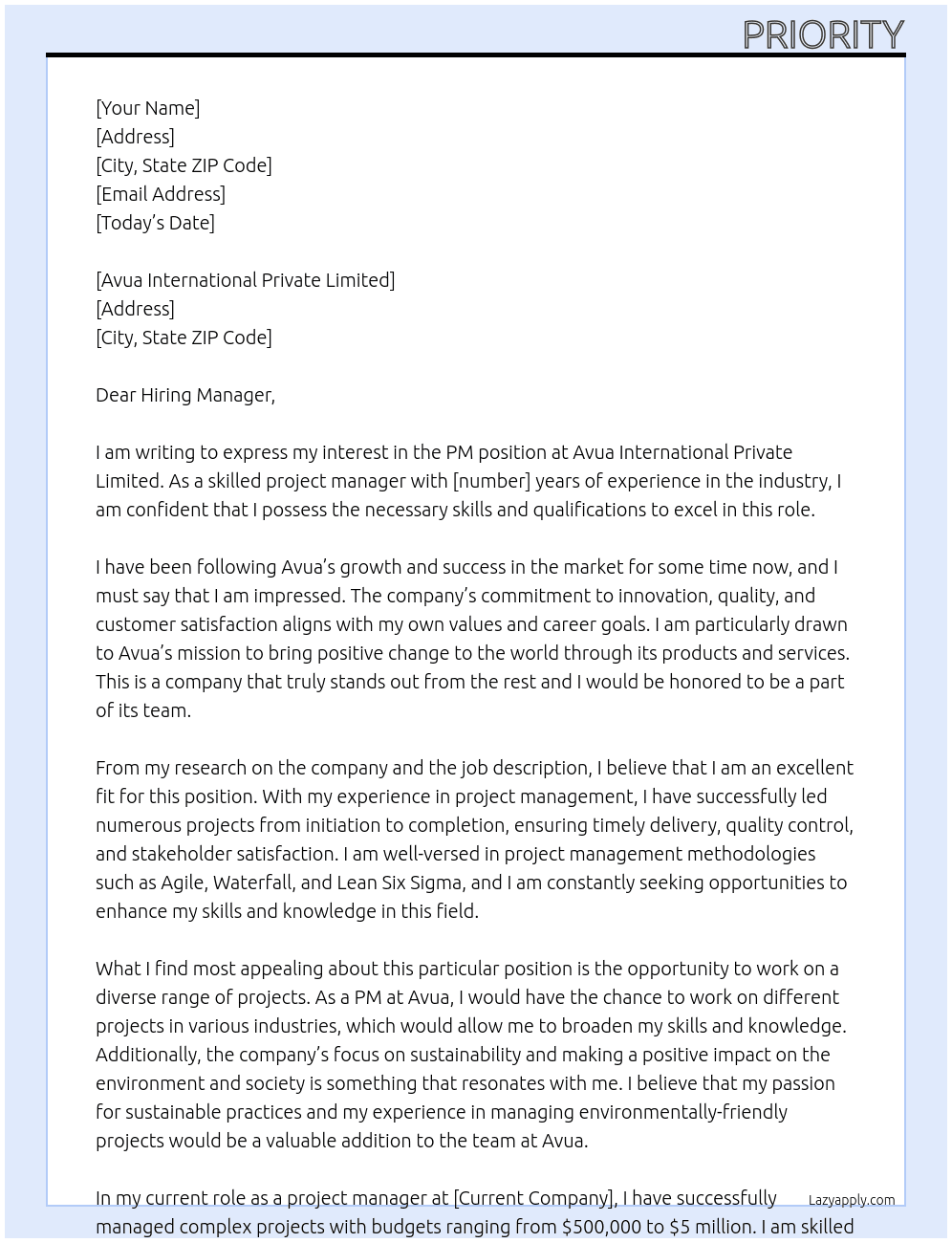 Cover letter for pm - LazyApply