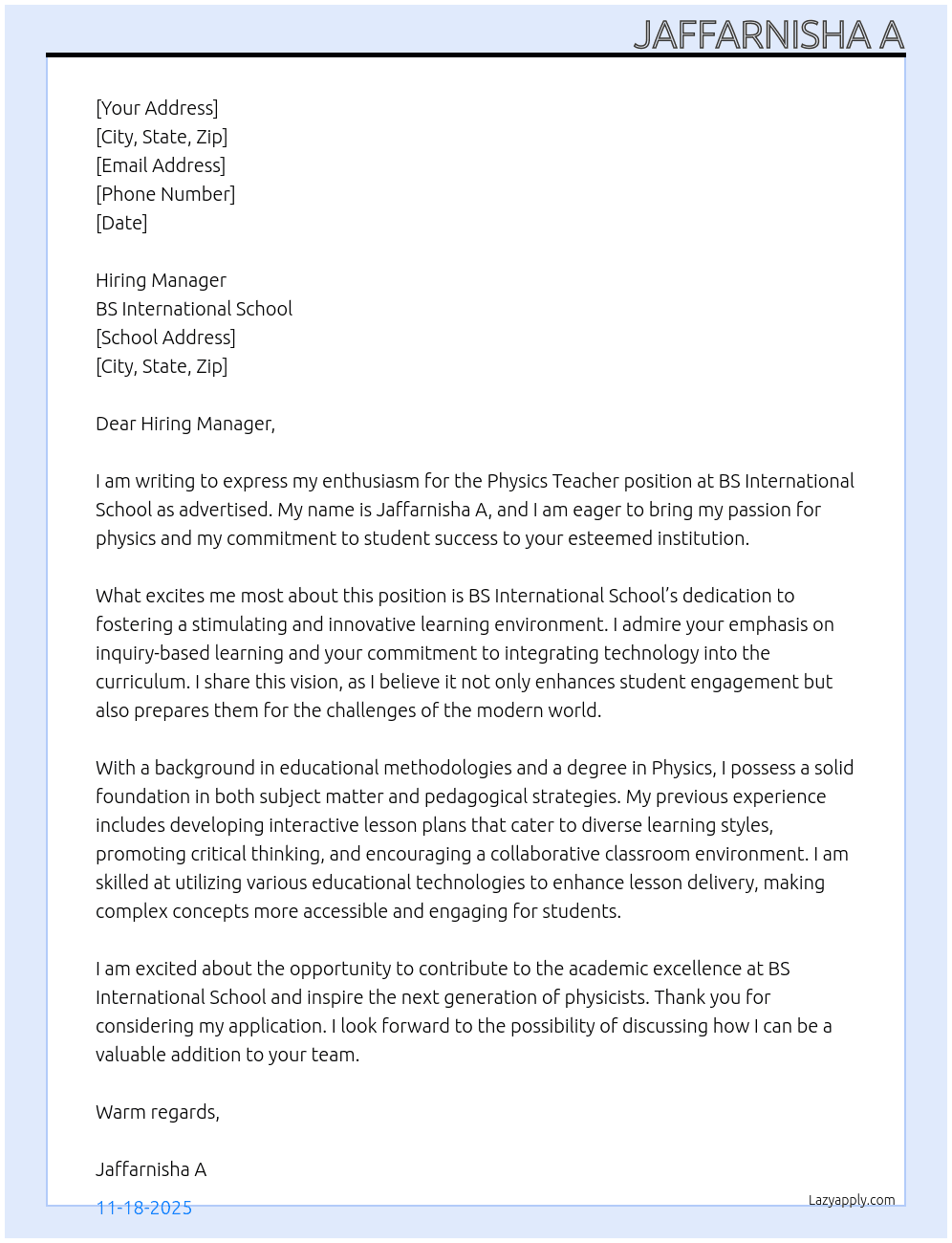 Cover letter for physics teacher - LazyApply