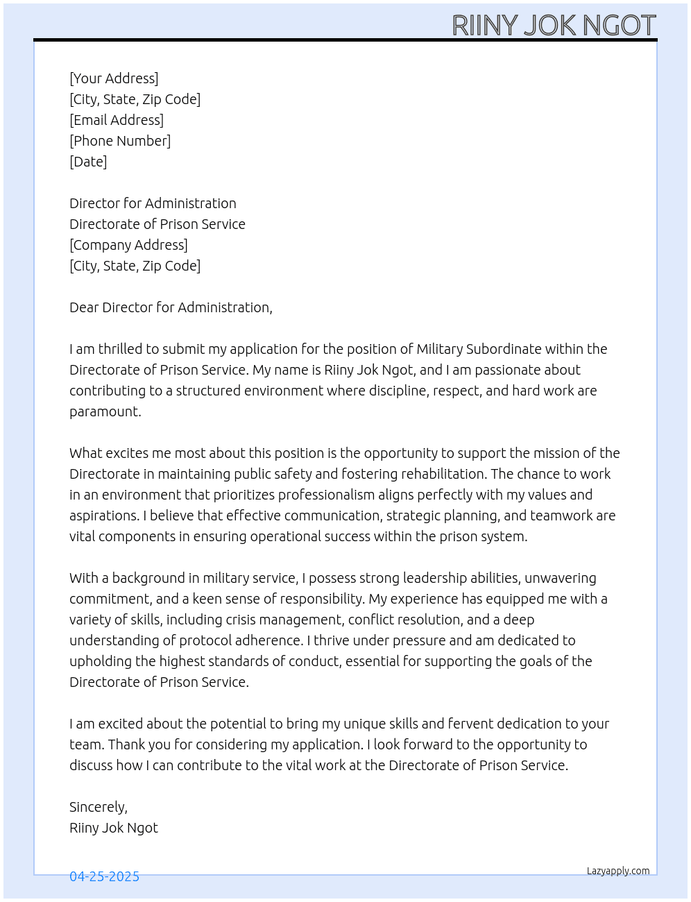 Cover letter for military subordinate - LazyApply