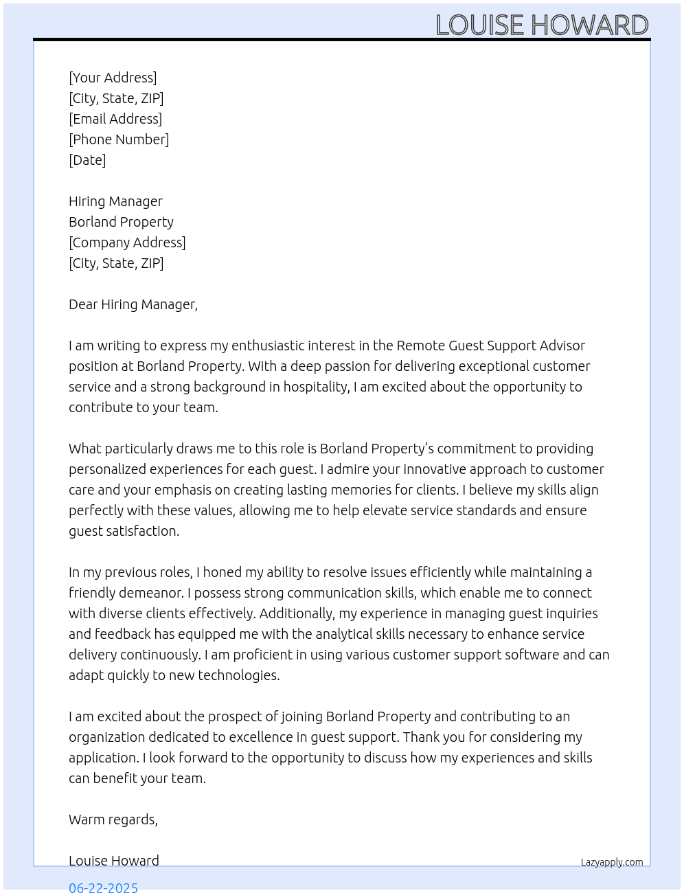 Cover letter for remote guest support advisor - LazyApply