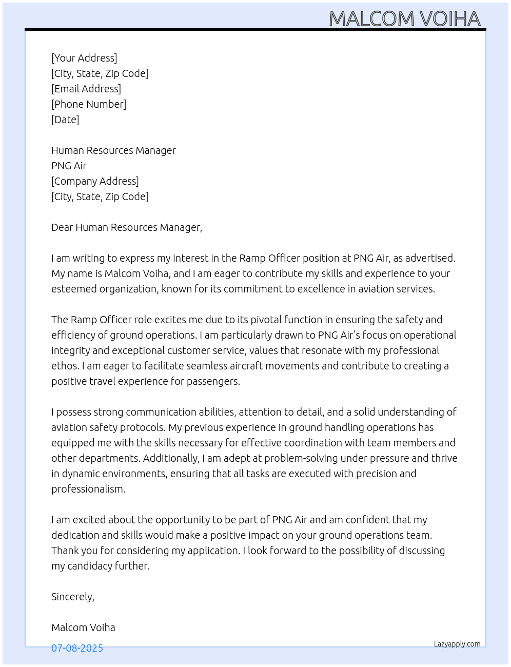 Cover letter for ramp officer - LazyApply