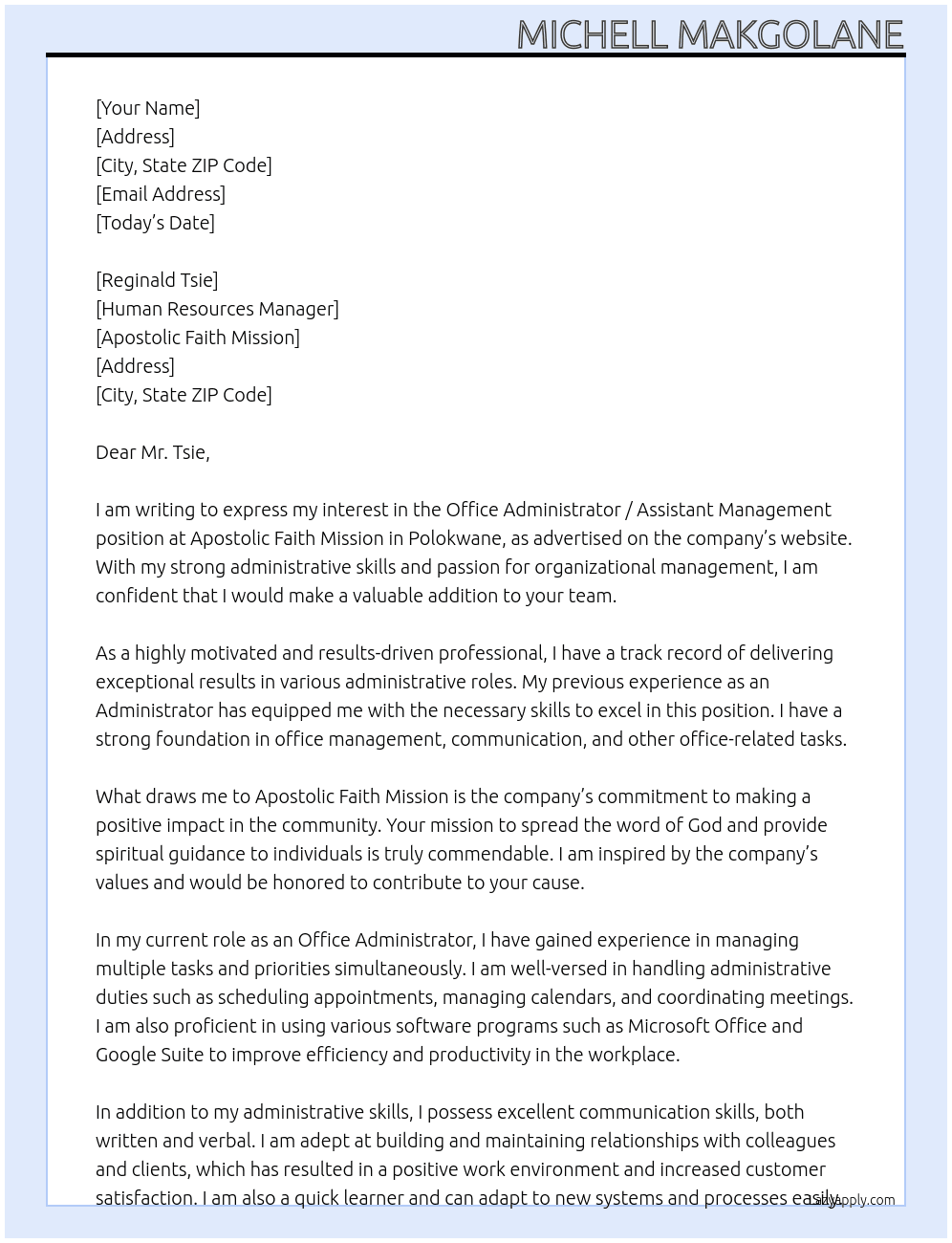 Office Administrator / Assistant Management At Apostolic Faith Mission Cover Letter