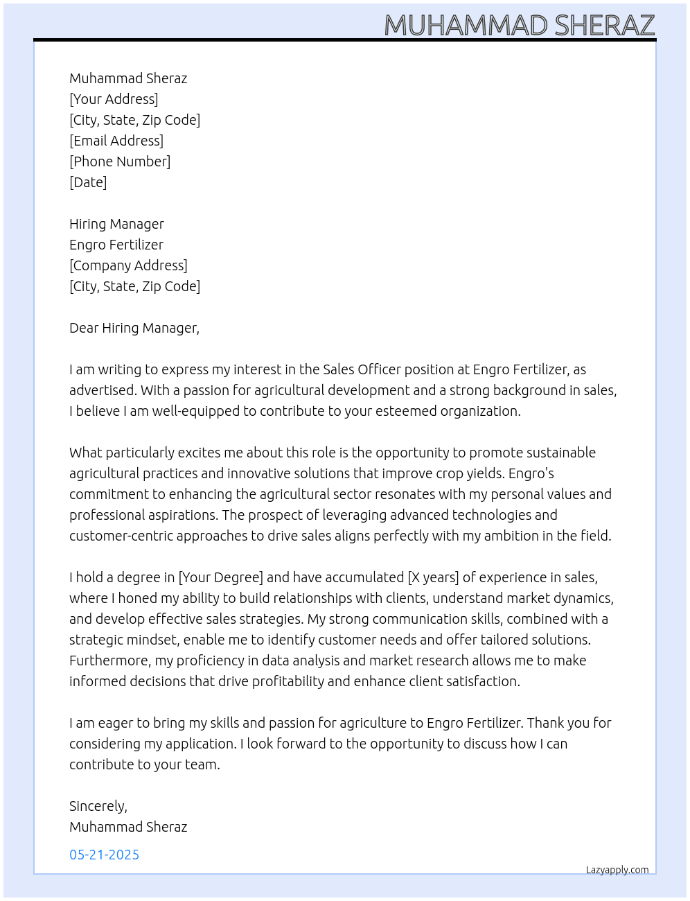 Sales officer At Engro Cover Letter