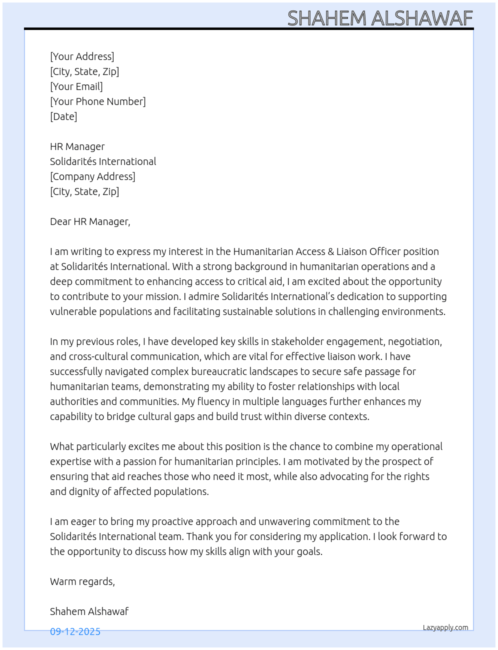 Humanitarian Access & liaison Officer At Solidarites International Cover Letter
