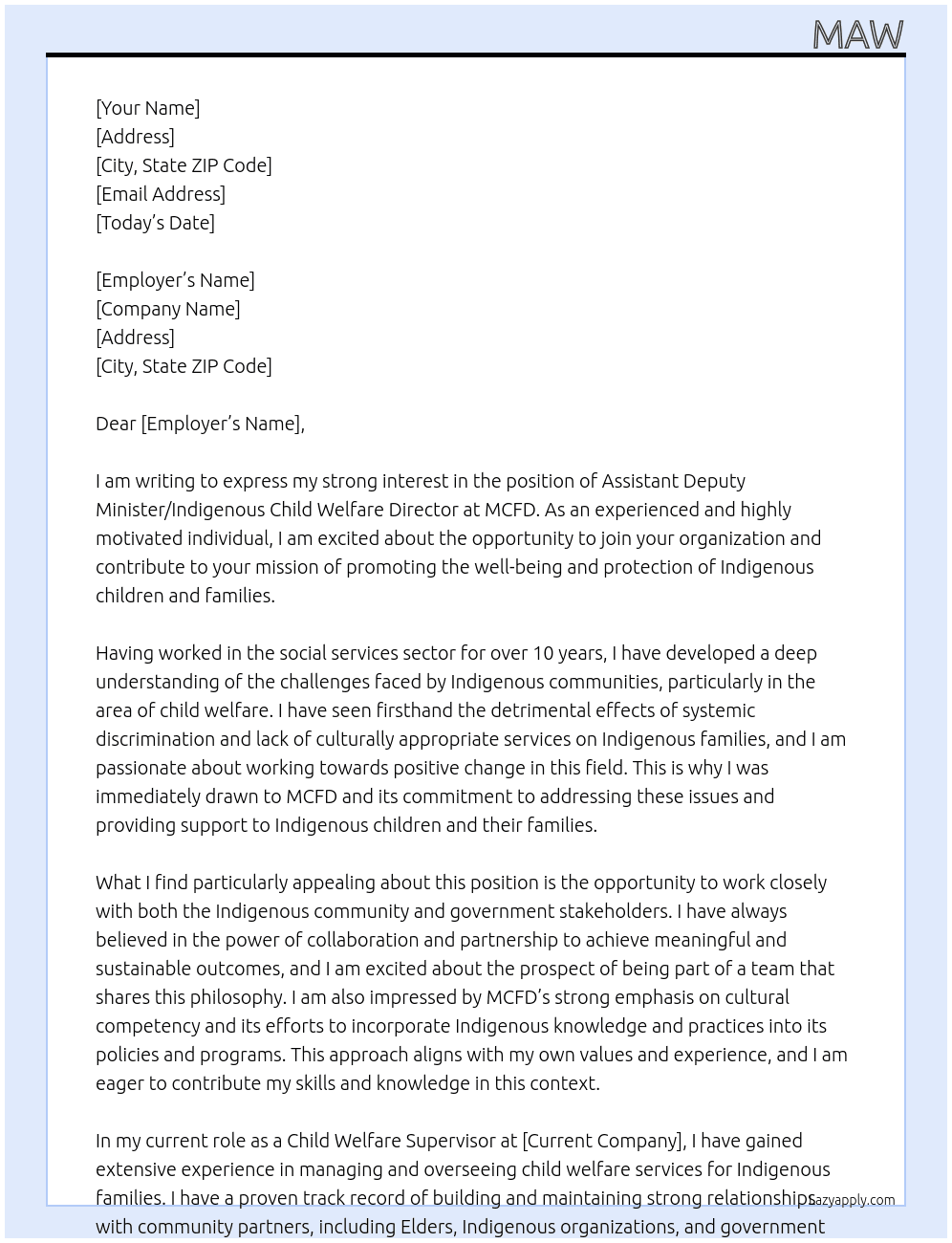ASSISTANT DEPUTY MINISTER/INDIGENOUS CHILD WELFARE DIRECTOR At MCFD Cover Letter