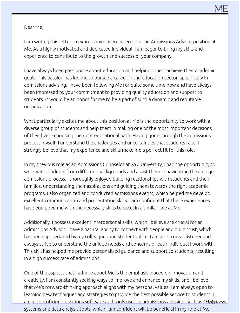 Cover letter for admissions advisor - LazyApply