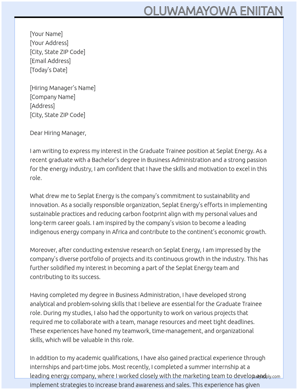 Graduate Trainee At Seplat Energy Cover Letter
