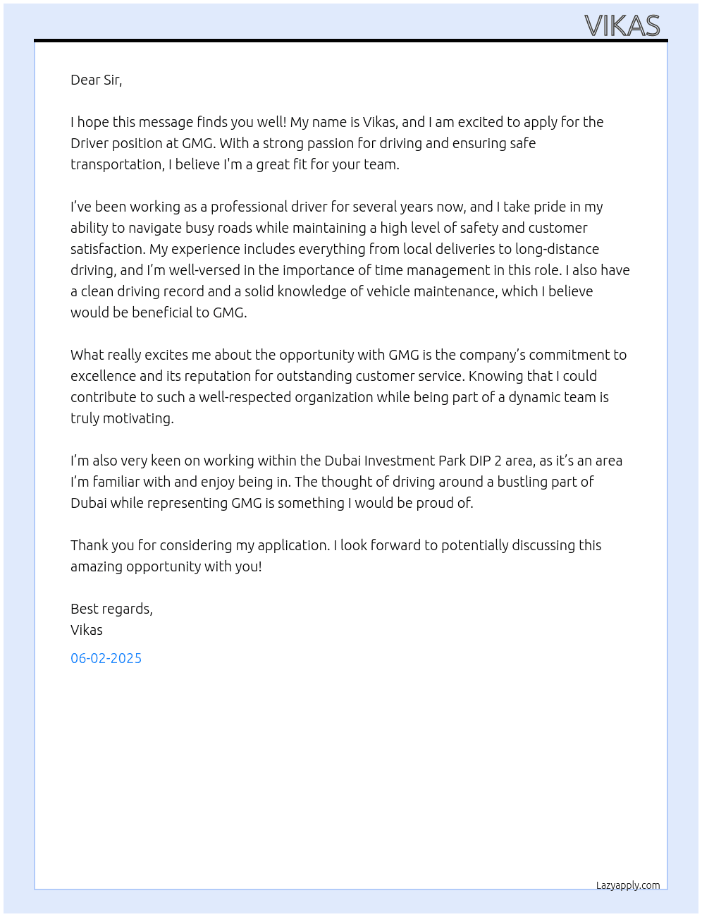 Driver At GMG Cover Letter